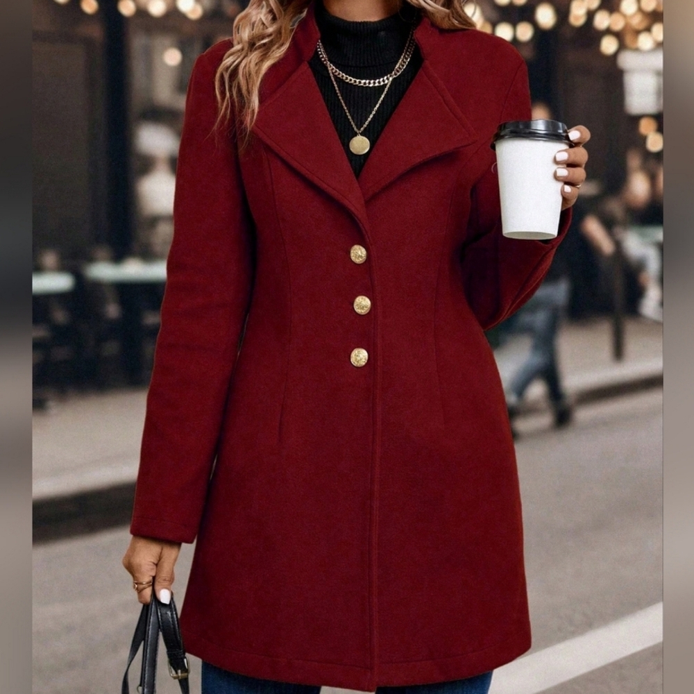 Solid Color Woolen Coat With Single Breasted Button - Picture 3 of 4